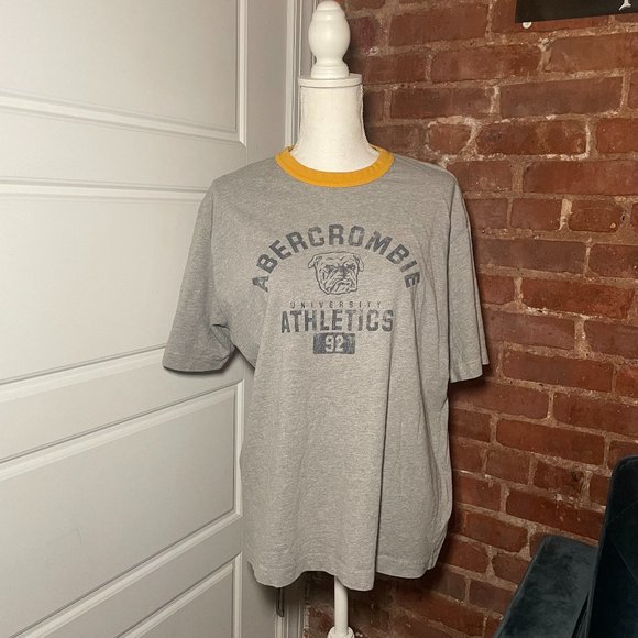 Abercrombie & Fitch Tops - Abercrombie and Fitch Athletics Gray Graphic T Shirt with Yellow Collared Detail